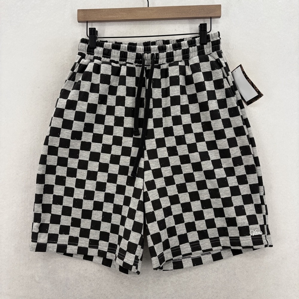 Vans Checkerboard Fleece Shorts Mens Small Black Gray Sweat Lounge Skate NWT